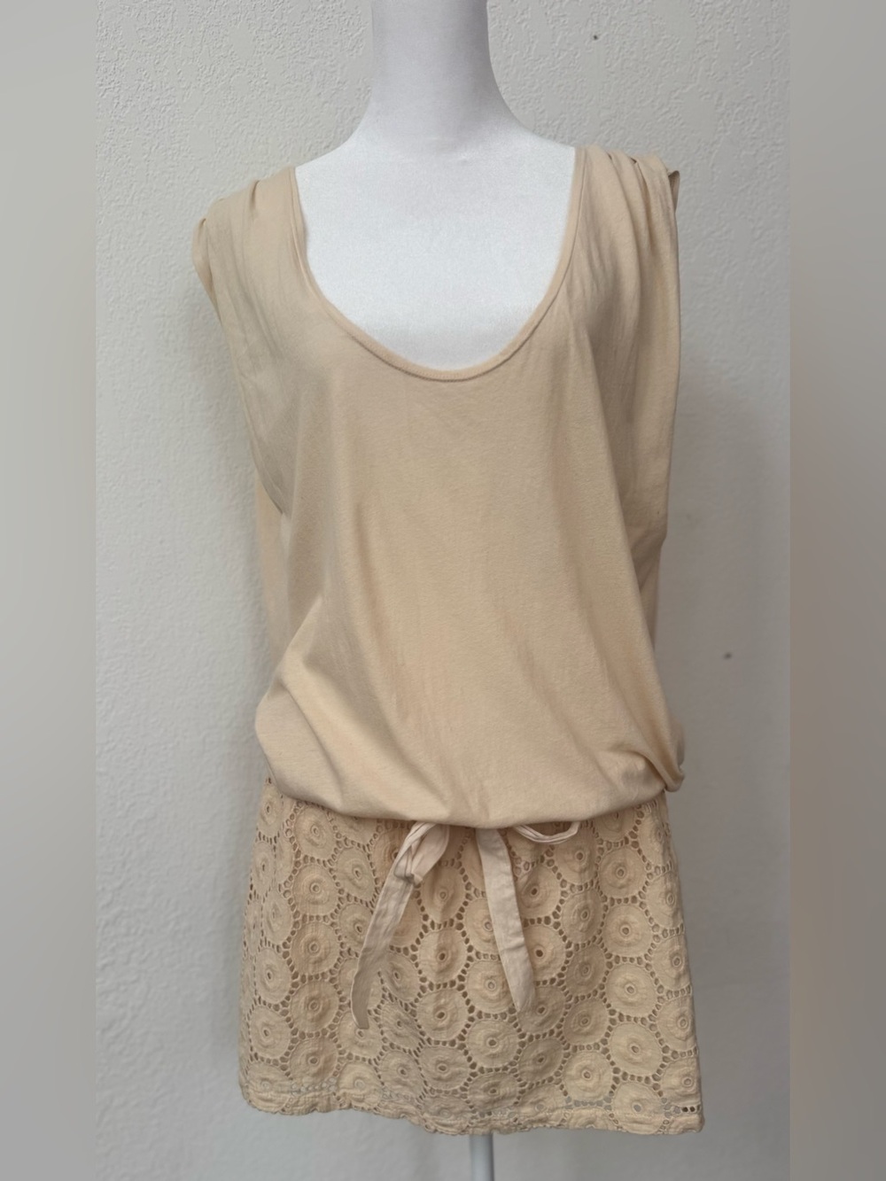 Language sleeveless deep scoop drape back knit & eyelet tie-waist dress